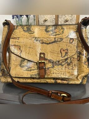 Patricia Nash Map Print Crossbody Bag in Tan and Brown